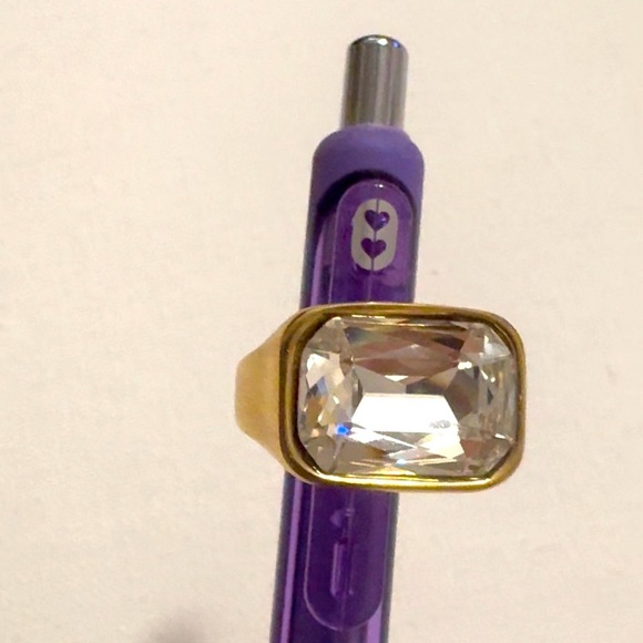 Gold Plated Titanium Steel Square Stone Ring Clear Stone - Picture 4 of 7